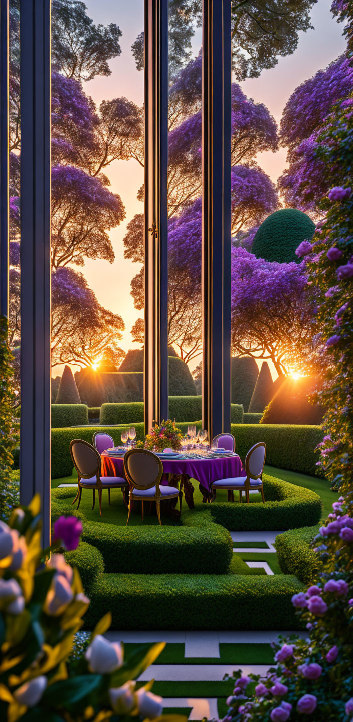 Purple tablecloth in lush outdoor dining setting under vibrant sunset