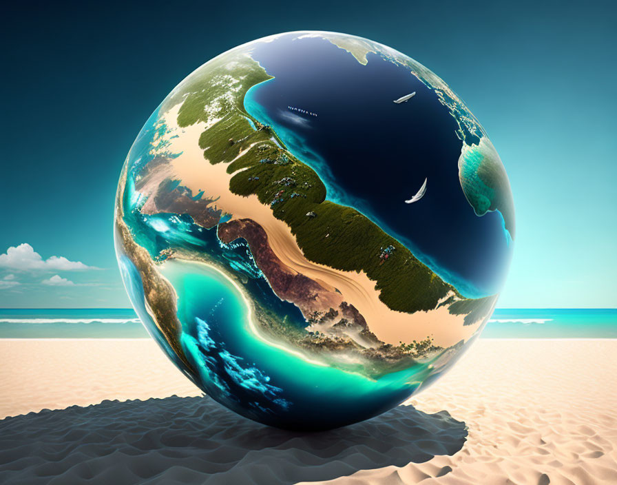 Hyper-realistic globe on sandy beach with ocean and blue sky.