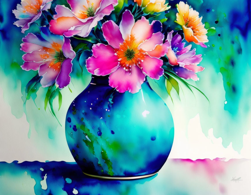 Colorful Flower Bouquet in Blue Vase Watercolor Painting