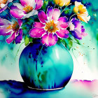 Colorful Flower Bouquet in Blue Vase Watercolor Painting