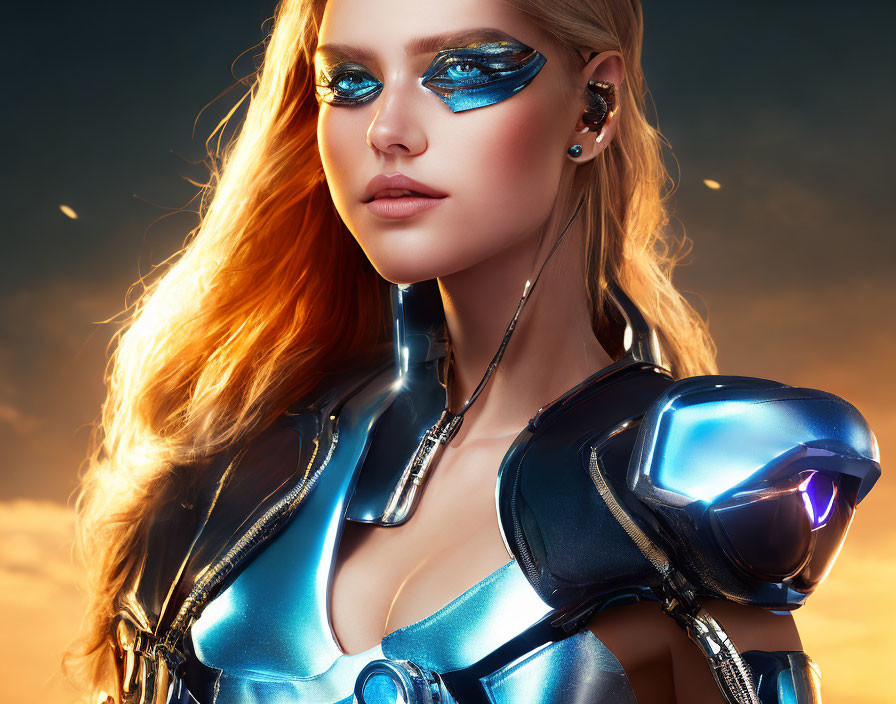Digital Artwork: Woman with Blue Eye Makeup in Futuristic Armor under Dramatic Sky
