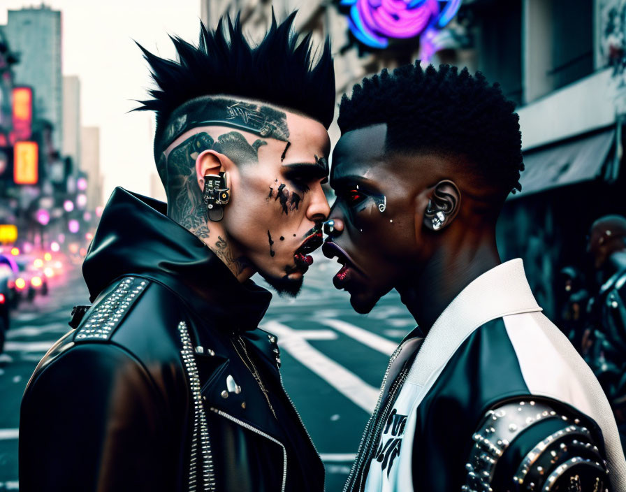 Men with unique hairstyles and facial tattoos on busy street with city lights.