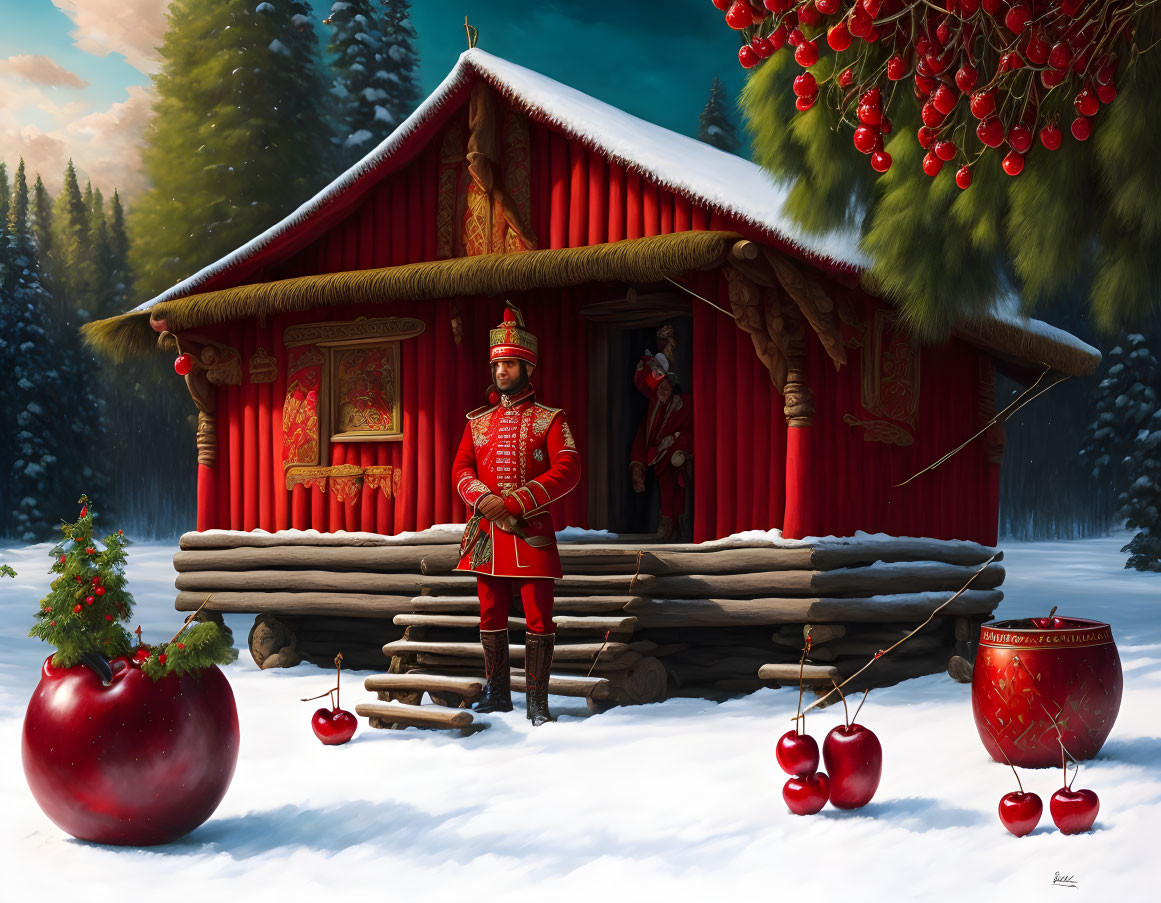 Winter soldier in red-themed snowy scene with cozy cabin and oversized cherries