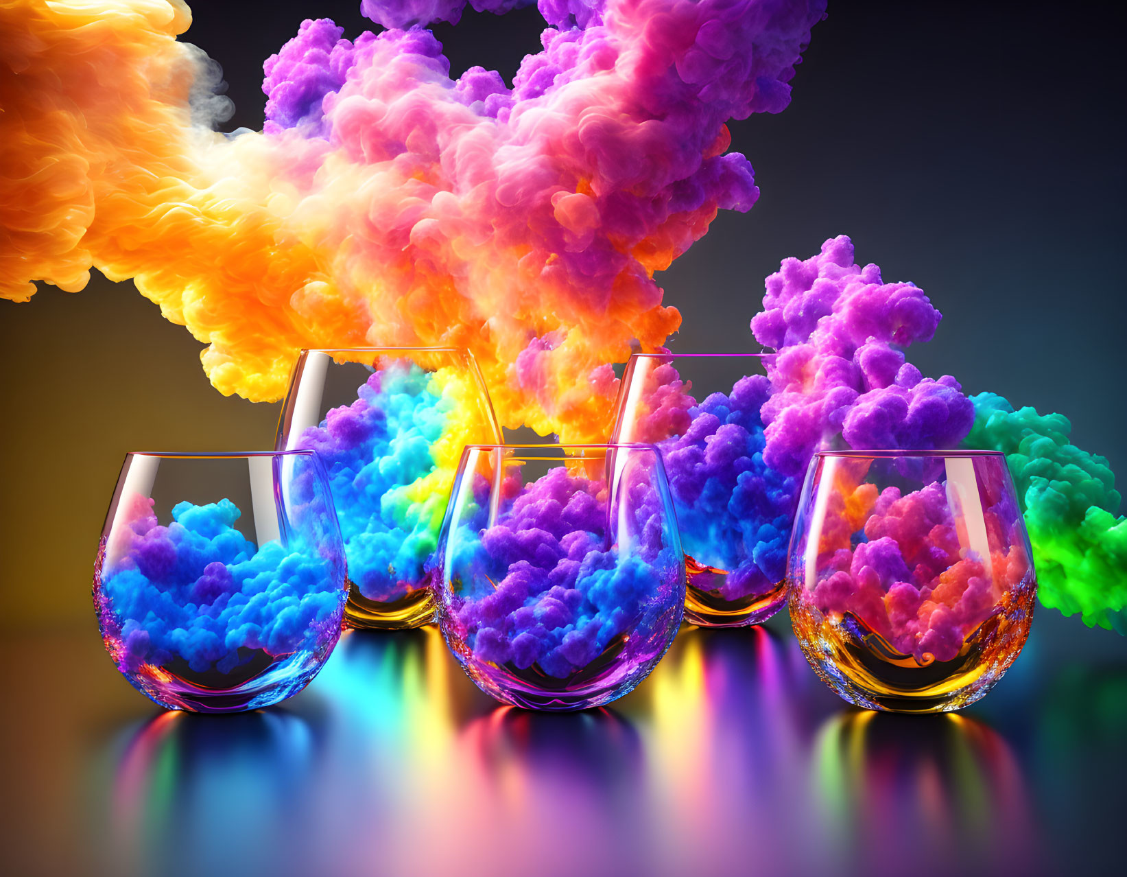 Five glasses with colored dreams