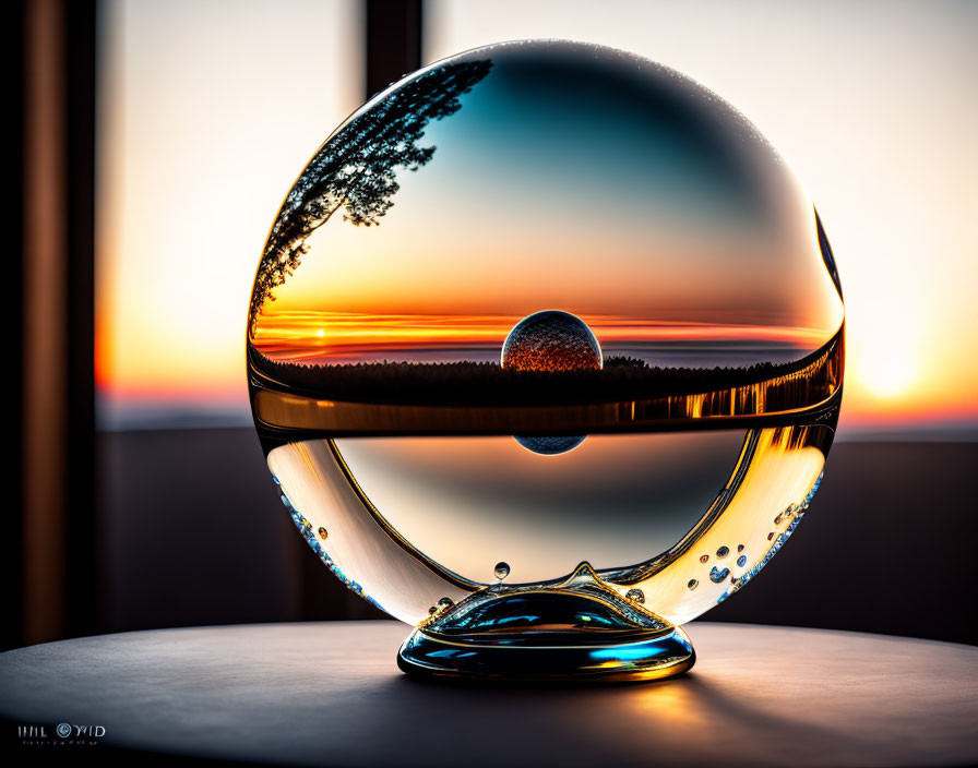 Crystal ball on stand reflects sunset landscape with tree silhouette.