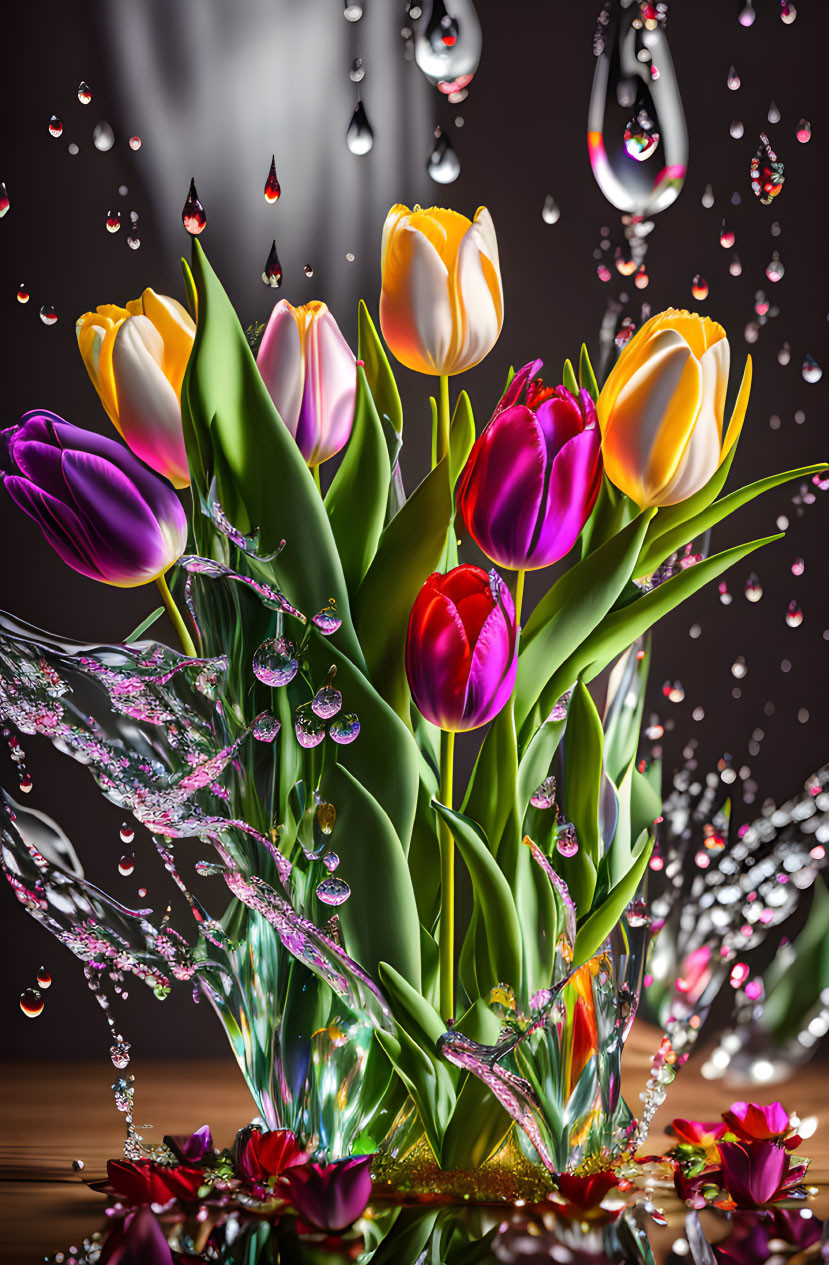 Colorful Tulip Bouquet with Water Droplets and Splashes in Bright Light