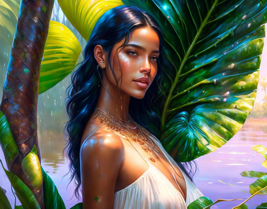 Woman with Dark Hair and Golden Jewelry in Tropical Setting