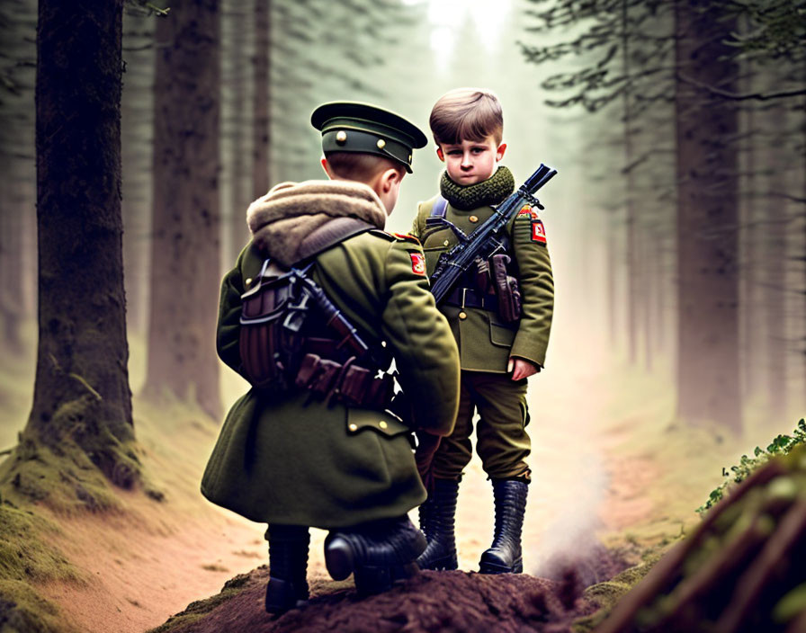 Children in military-style costumes with binoculars and toy rifle in foggy forest