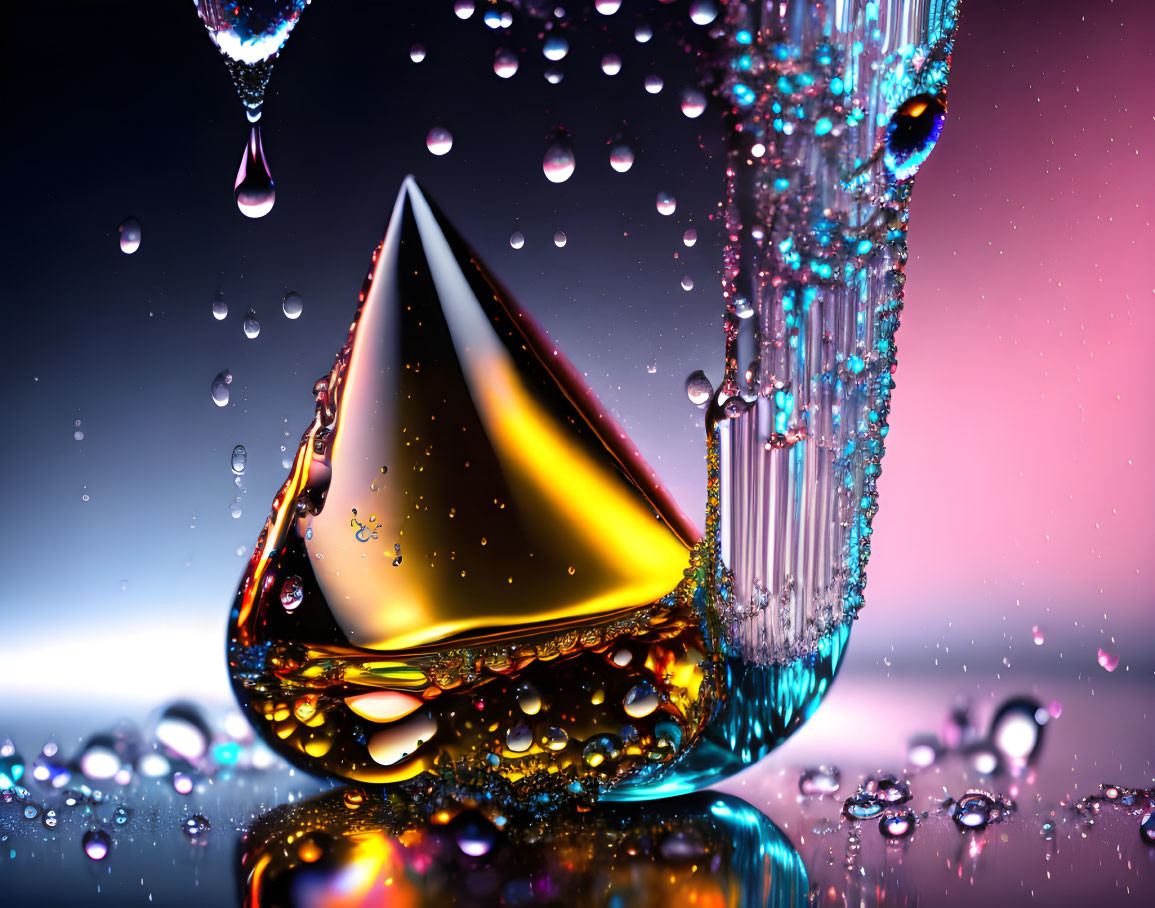 Colorful prism-shaped droplet in cascading water with rainbow hues on pink and blue backdrop