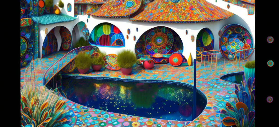 Colorful Courtyard with Mosaic Patterns, Curvilinear Architecture, Plants, and Reflective Pool