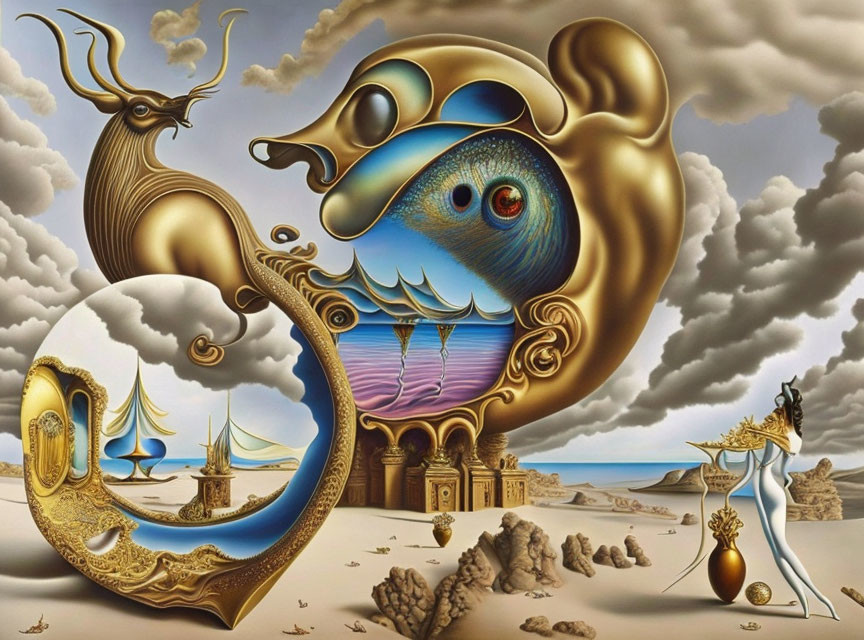 Surrealistic painting with bird-like figure, golden goat, and maritime scenery