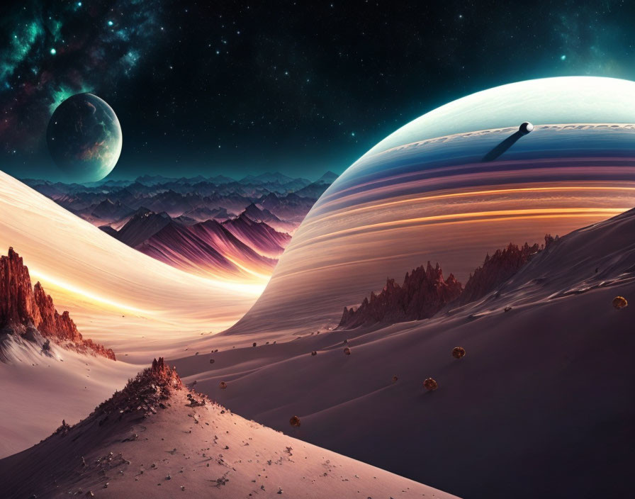 Surreal desert landscape with ringed planet and moon