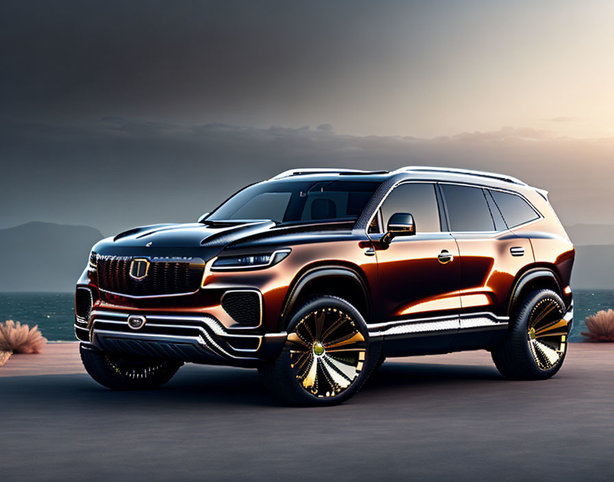 Luxurious SUV with copper finish and intricate wheel design against ocean sunset.