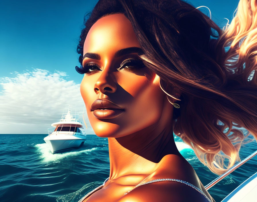 3D-rendered image of woman on boat with flowing hair & yacht in background