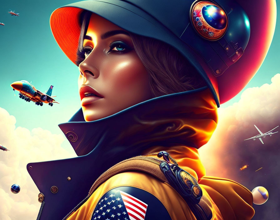 Digital artwork of woman in space helmet with American flag patch, planes in sky