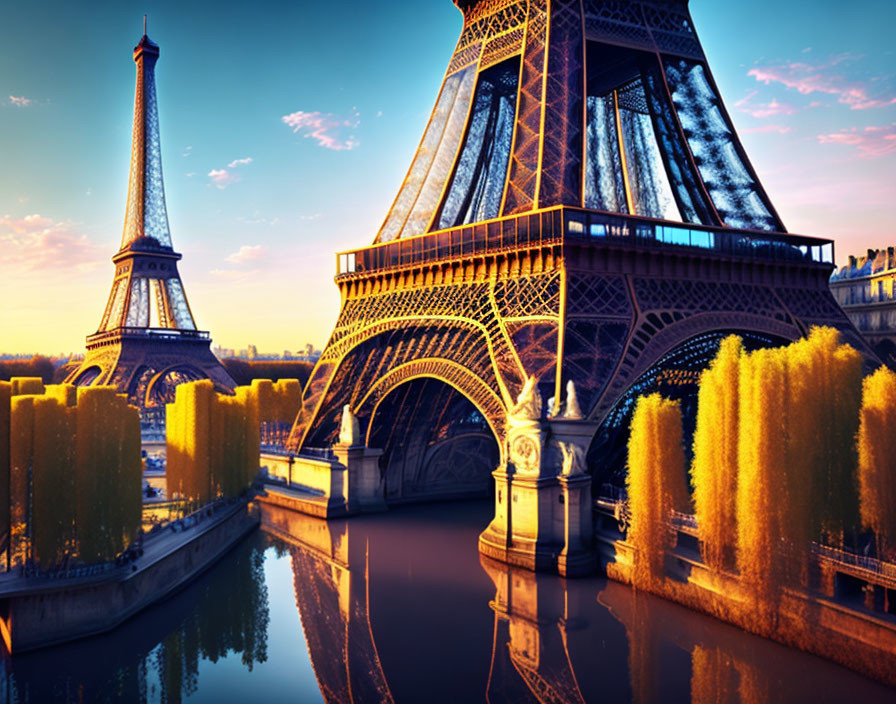 Paris Sunrise: Seine River, Eiffel Tower, Autumn Trees