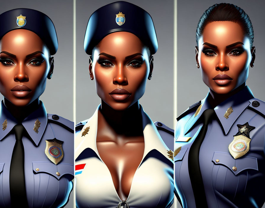 Stylized digital illustrations: Woman in police uniform with varied expressions