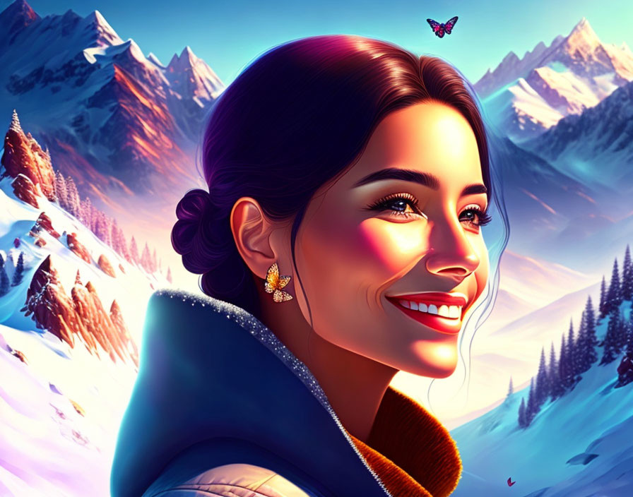 Digital art portrait of smiling woman with snowy mountain landscape and butterfly
