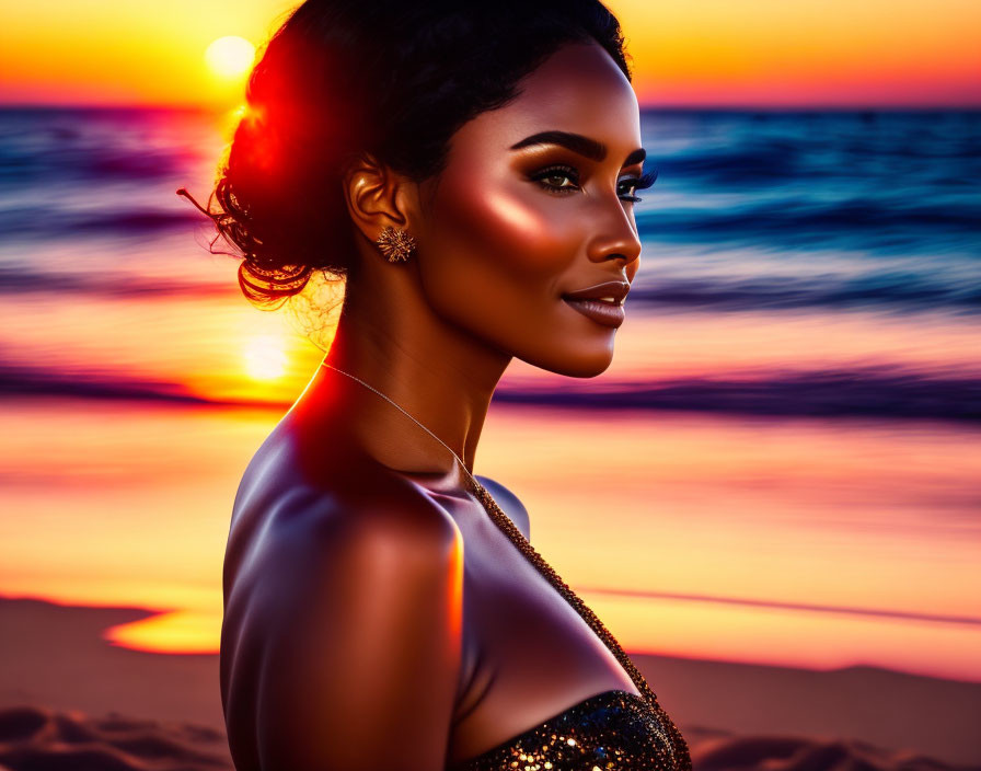 Profile view of woman with glowing skin and earrings against ocean sunset.