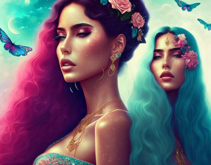 Vibrant artwork featuring women with colorful hair and butterflies.
