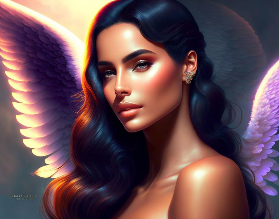 Digital artwork: Woman with dark hair, angel wings, makeup, and earring