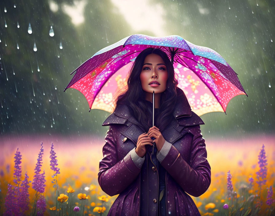 Woman with Colorful Umbrella in Field of Purple and Yellow Flowers