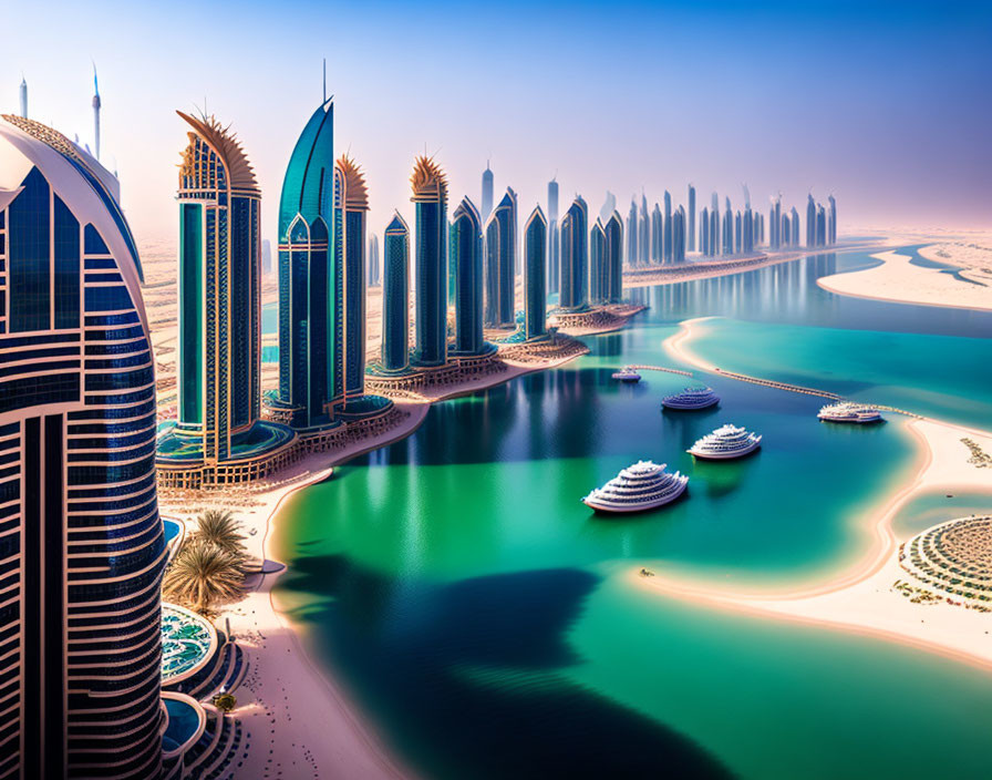 Unique high-rise buildings in futuristic cityscape by turquoise waters