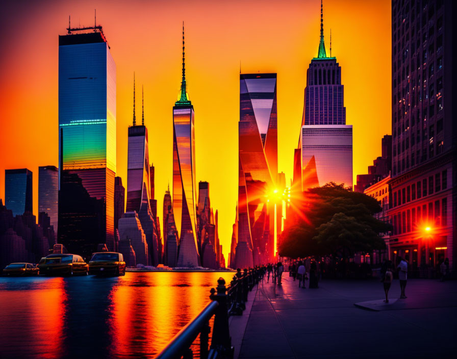 City skyline at sunset with fiery orange and red sky reflecting on street