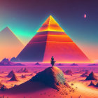 Surreal digital art: Vibrant pyramids under starry sky with camel rider