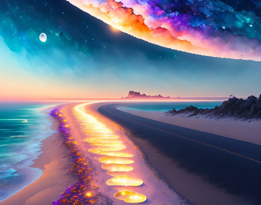Surreal beach scene with glowing path, starry sky, cosmic nebula, mountains, and