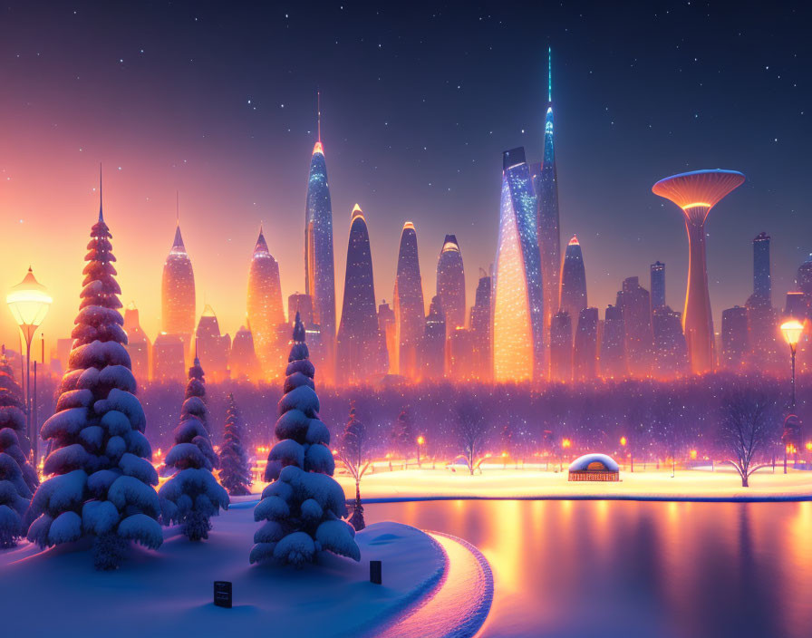Snow-covered trees in illuminated futuristic city skyline at night
