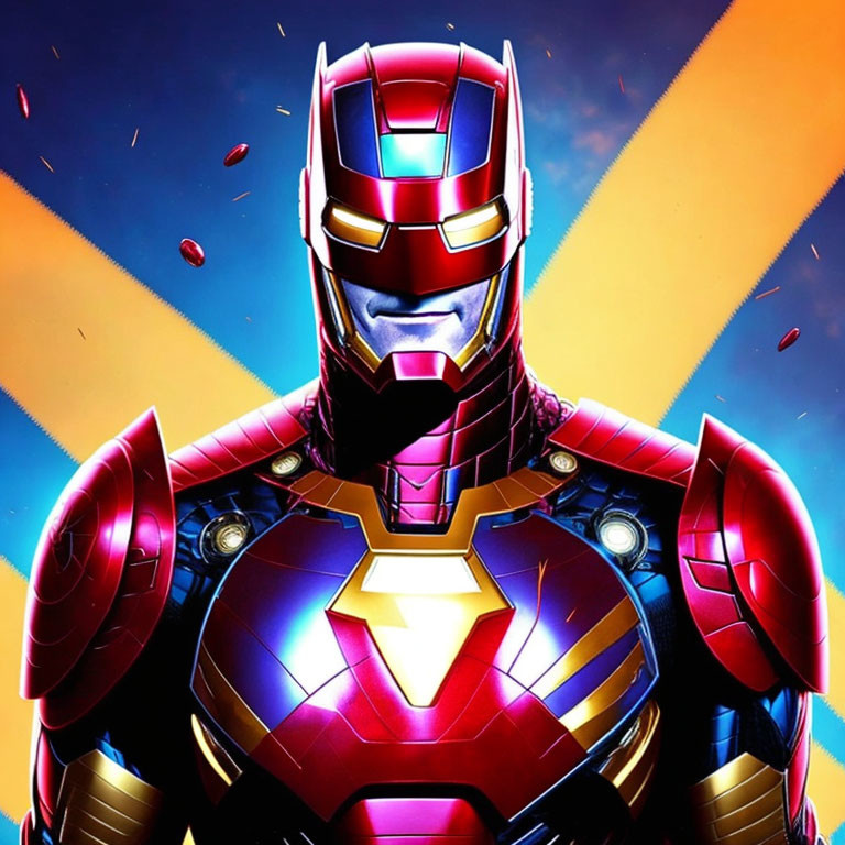 Vibrant Iron Man artwork in red and gold armor with glowing arc reactor