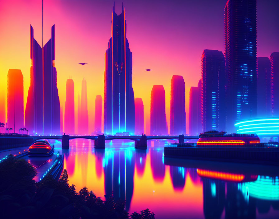 Futuristic neon-lit cityscape at dusk with skyscrapers and modern vehicles in vibrant sky