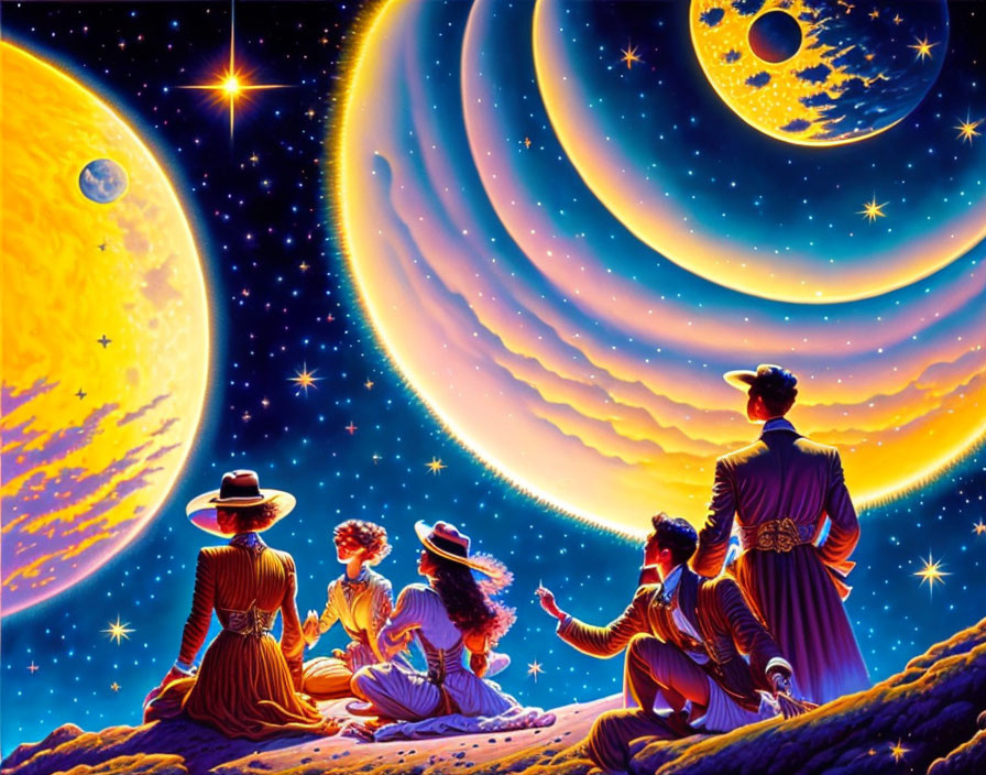 Four people in vintage attire gaze at colorful celestial scene with planets and stars in stylized space.