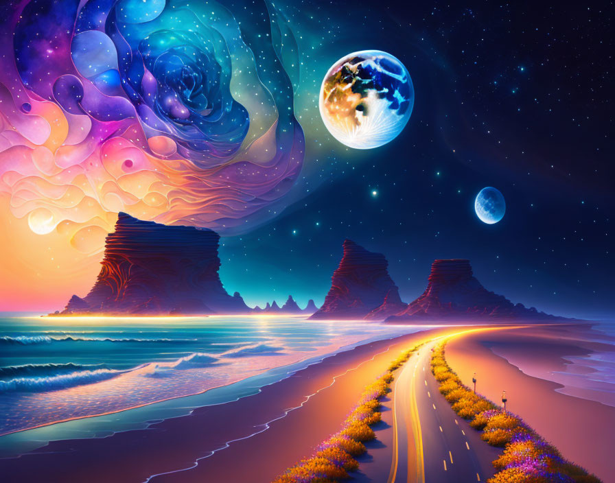 Surreal digital art: Road, rocks, beach, starry sky