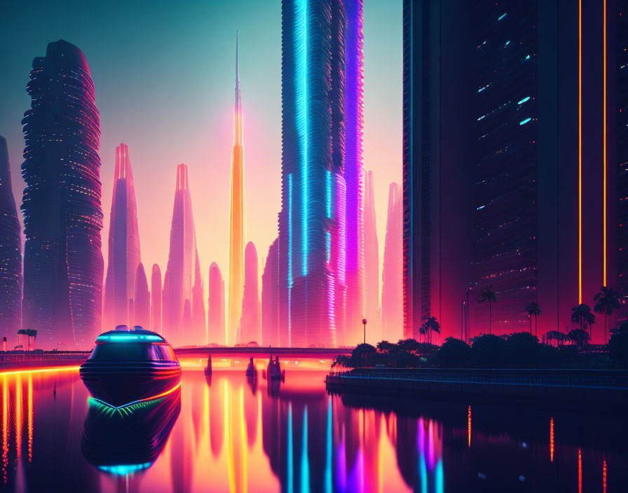 Futuristic cityscape with neon lights and hover vehicle at dusk