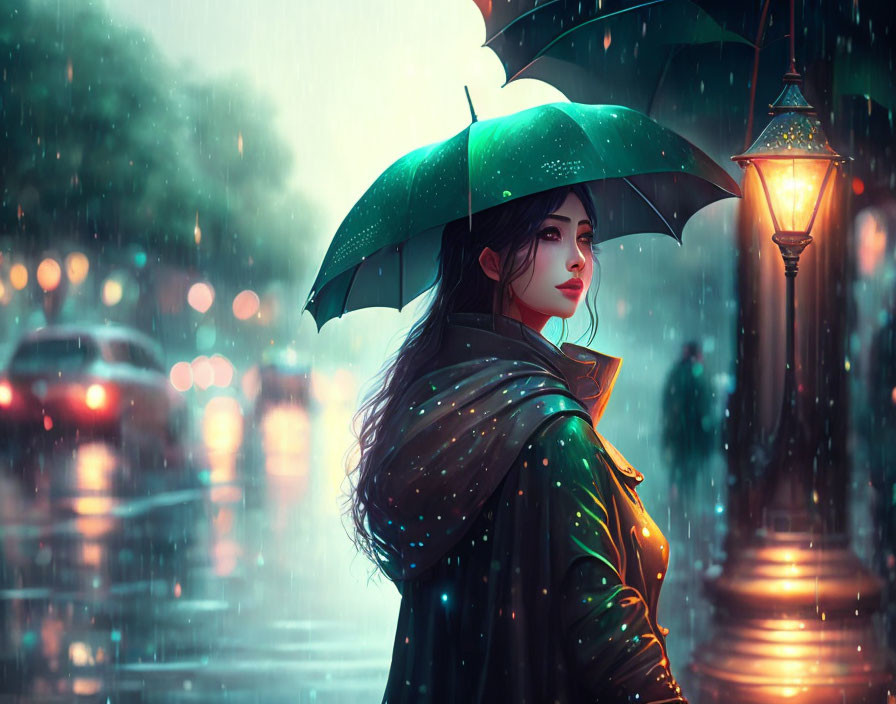 Woman with green umbrella in night rain under streetlamp glare