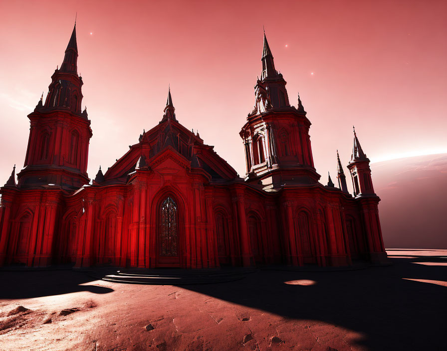 Surreal red-tinted image of gothic cathedral under crimson sky