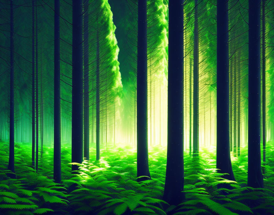 Lush Green Forest with Sunlight Rays and Ferns