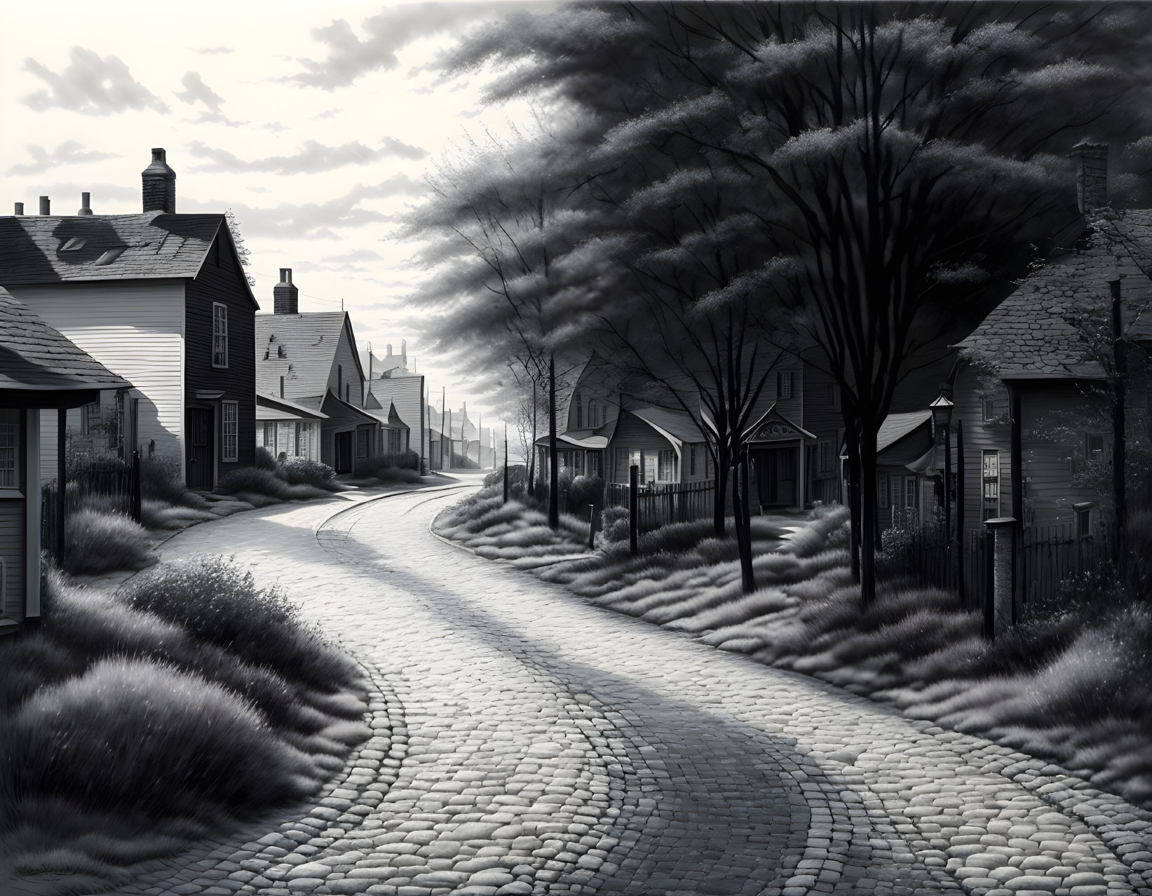 Monochrome image of cobblestone street with houses and windswept trees