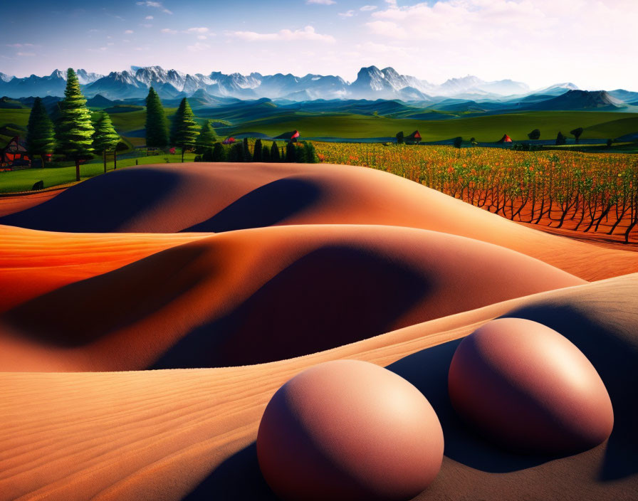 Colorful landscape with orange sand dunes, floral field, trees, and blue mountains.