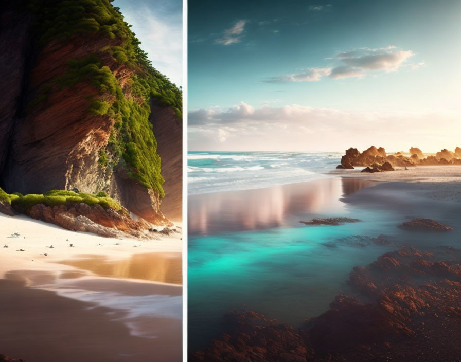 Scenic coastal landscape with green cliff, sandy beach, serene ocean, and sunset sky
