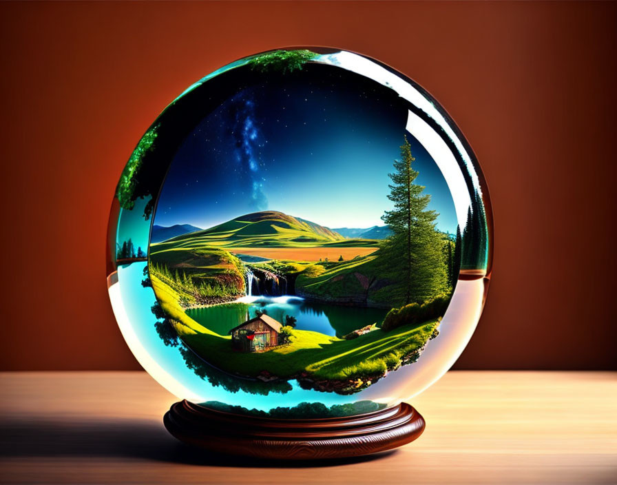 Crystal ball with serene landscape and night sky on wooden stand against orange backdrop