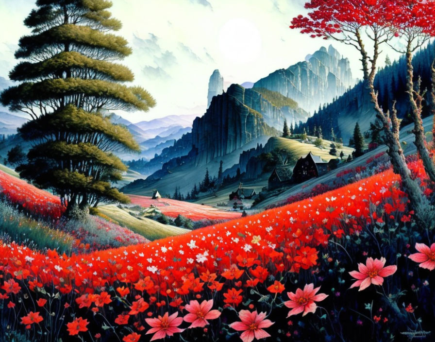 Lush valley painting with red flowers, traditional houses, pine trees, and rocky cliffs