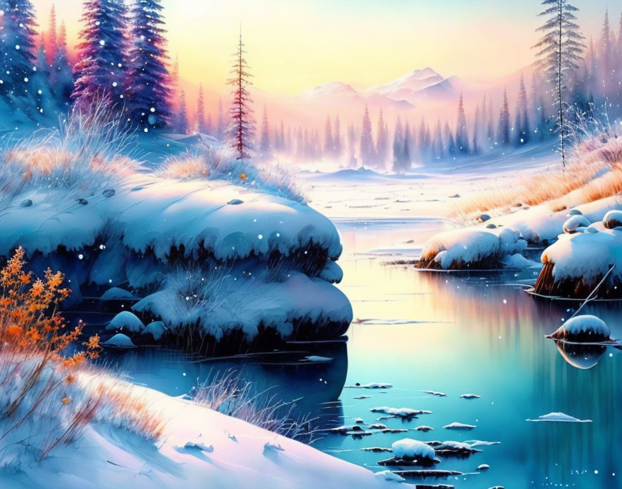 Snow-covered Riverbanks and Frosted Trees in Serene Winter Landscape