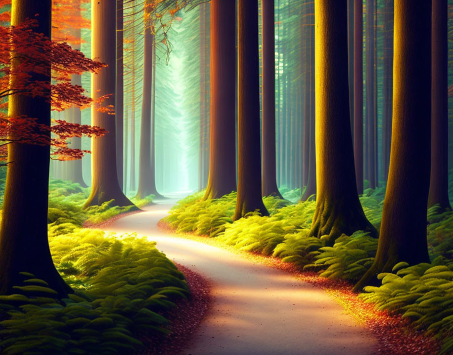 Sunlit Forest Path with Tall Trees and Green Ferns