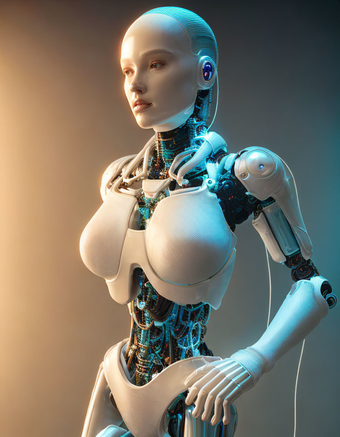 Humanoid Robot with Exposed Mechanical Parts on Gradient Background