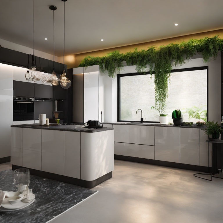 Sleek modern kitchen with hanging plants, white cabinets, central island, and ambient lighting