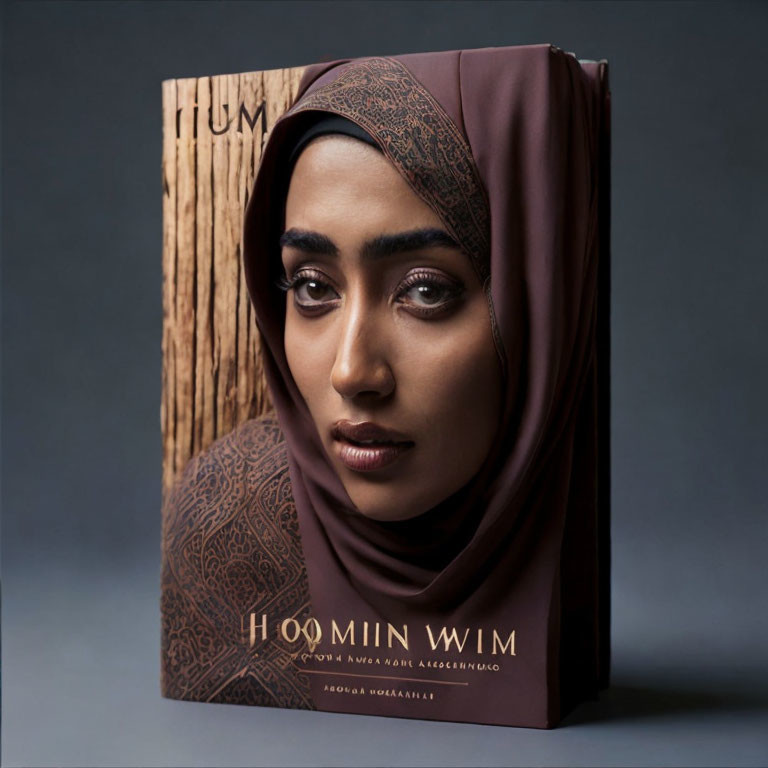 Woman in hijab blends with book cover "HUMAN WIM" in seamless fusion