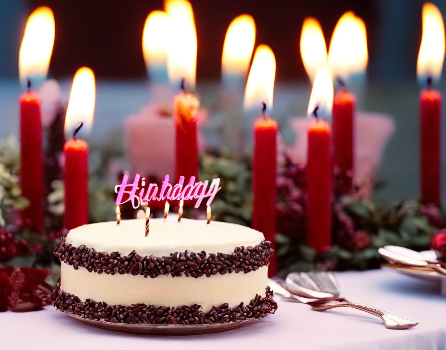 Chocolate Sprinkle Birthday Cake with Lit Candles and Greenery